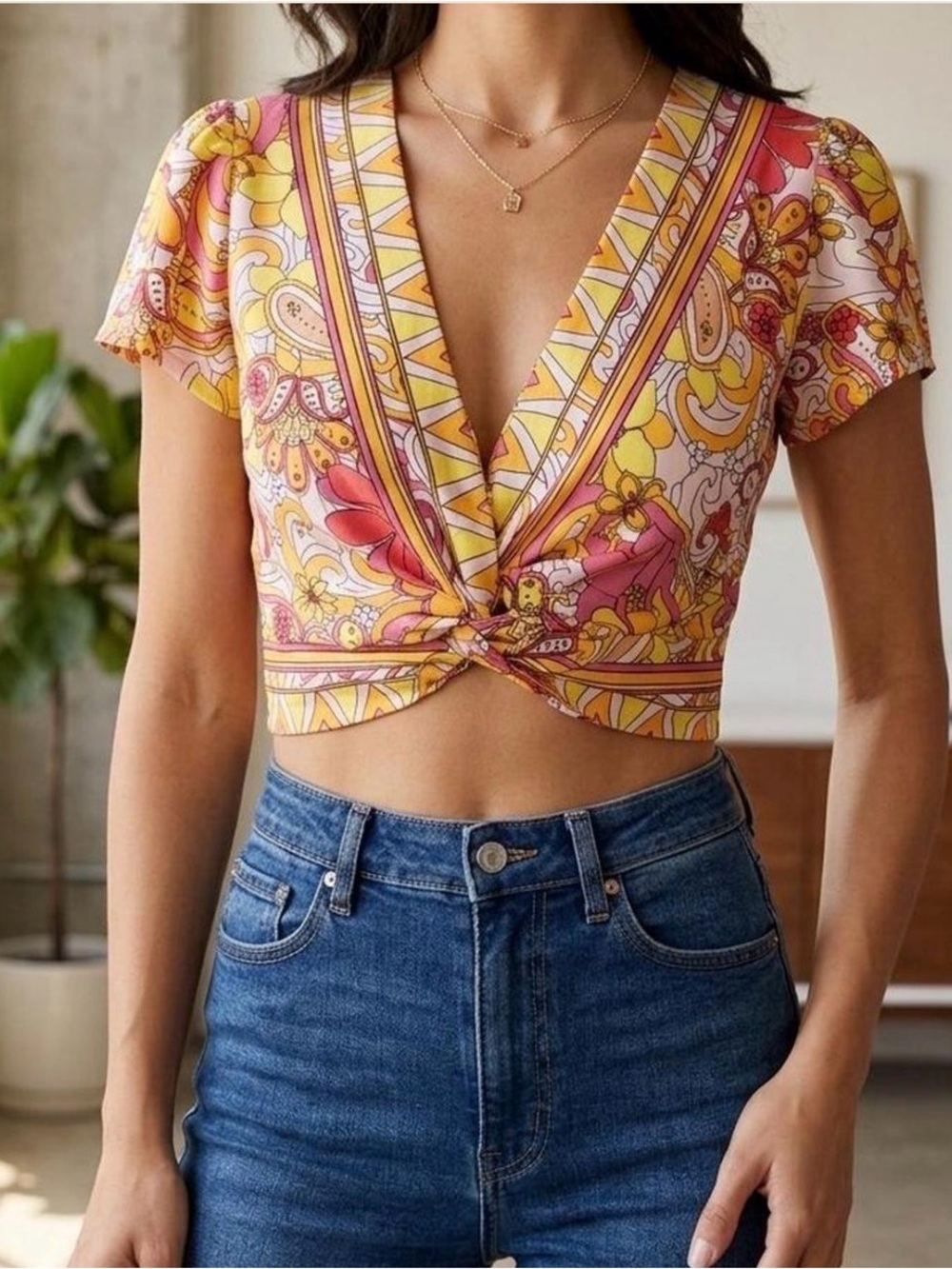Angie Boho Twist-Front V-Neck Crop Top in Yellow & Pink size S NWOT